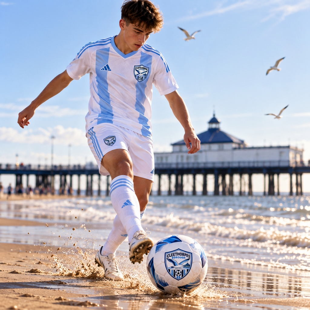 A young Seagulls player dribbling a football on Cleethorpes beach with the pier behind